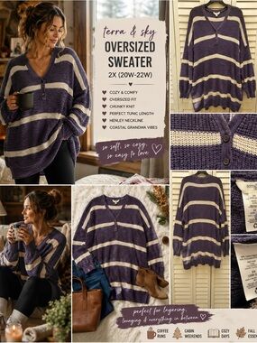 Terra & Sky Oversized Sweater 2X Purple Cream Stripe Chunky Knit Cabincore Tunic